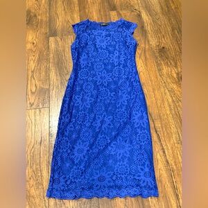 Women Knee Length Blue Lace Dress